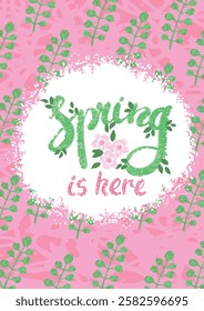 Hand Drawn Lettering - Spring is Here on Floral Background