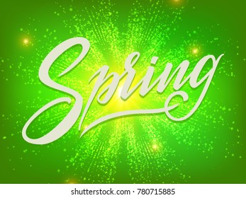 Hand drawn lettering Spring on abstract green background with shining flares. Elegant modern handwritten calligraphy. Vector Ink illustration. Typography poster on dark background. 