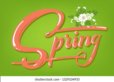 Hand drawn lettering Spring with shadow and highlights. Elegant modern handwritten calligraphy. Vector Ink illustration. Typography poster on green background with flowers