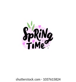 Hand drawn lettering spring time with hearts for banner, card, poster, print. Season typography.