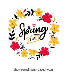 Hand drawn lettering spring time for print, card, banner. Typography hello spring with flowers.