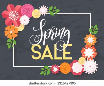 Hand drawn lettering. Spring time banner. Origami flower frame. Vector Illustration EPS10