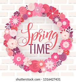 Hand drawn lettering. Spring time banner. Origami flower frame. Vector Illustration EPS10