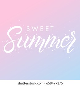 Hand drawn lettering summer with brush stokes on gradient background.Seasons greetings card design perfect for prints, flyers,banners,invitations,special offer and more. Vector summer illustration.