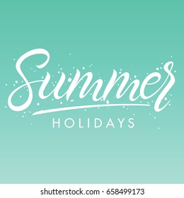 Hand drawn lettering summer with brush stokes on gradient background.Seasons greetings card design perfect for prints, flyers,banners,invitations,special offer and more. Vector summer illustration.