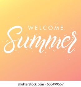 Hand drawn lettering summer with brush stokes on gradient background.Seasons greetings card design perfect for prints, flyers,banners,invitations,special offer and more. Vector summer illustration.