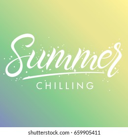 Hand drawn lettering summer with brush stokes on gradient background.Seasons greetings card design perfect for prints, flyers,banners,invitations,special offer and more. Vector summer illustration.