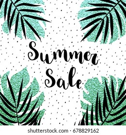 Hand drawn lettering summer sale card with black palm tropical leaves.