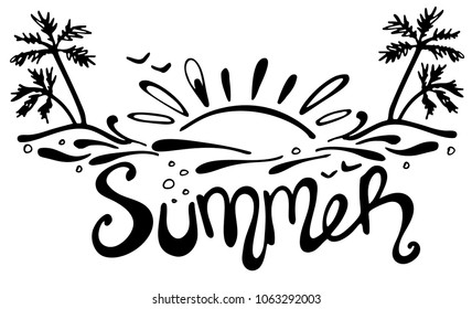 Hand drawn lettering Summer, setting sun, palm trees on white background. Vector illustration. Perfect for greeting card, postcard, print, banner.