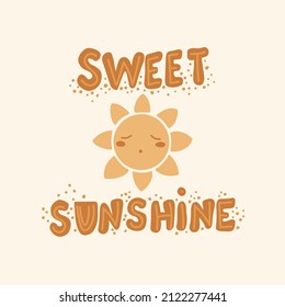 Hand drawn lettering of sunshine and a phrase sweet sunshine on a beige background, scrapbooking. Ready for print on clothes. Baby bodysuits, rompers, t-shirts. Baby gender party reveal concept.