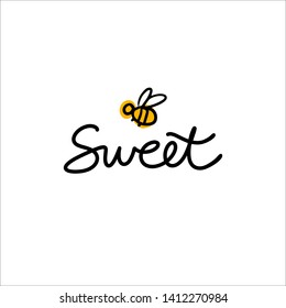 Hand drawn lettering Sweet with cartoon bee. Logo concept for honey shop, bakery, cake shop