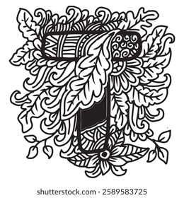 Hand drawn lettering T in ethnic style. Black and white vector illustration for coloring book.