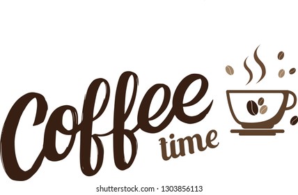 Hand drawn lettering text Coffee time. Logo, label. badge, template. Calligraphy design with illustration of a coffee cup.