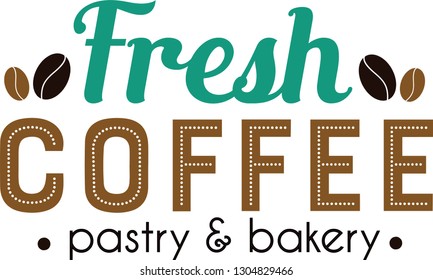 Hand drawn lettering text fresh coffee. Logo, label. badge, template. Calligraphy design with illustration of a coffee cup.