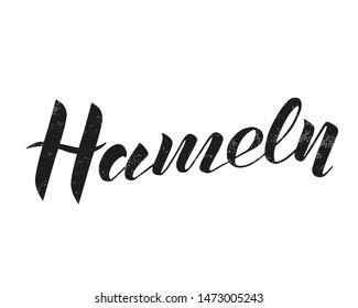 Hand drawn lettering text Hameln on textured background. City in Germany. Modern brush calligraphy vector Illustration. Print for logo, travel, map, catalog, web site, flag, poster, blog, banner.