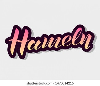 Hand drawn lettering text Hameln on textured background. City in Germany. Modern brush calligraphy vector Illustration. Print for logo, travel, map, catalog, web site, flag, poster, blog, banner.