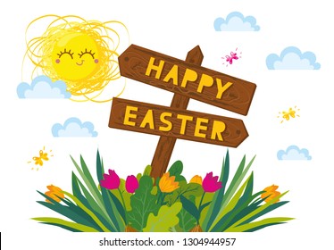 Hand drawn lettering text "Happy Easter" on  wooden arrow background. Holiday card. Garden illustration with and different plants, flowers. Lettering spring season