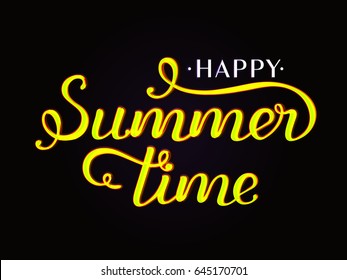 Hand drawn lettering text "Happy Summer time" on grunge background. Illustration painted in yellow color on black background. Golden Summertime yellow on black background
