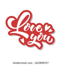 Hand drawn lettering text illustration - inscription Love You. Romantic quote. Typography vector red letters with shadow and hearts for poster, logo, sticker, card, t-shirt print, postcard.