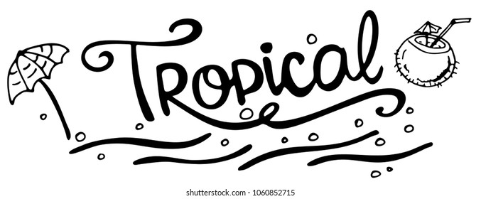 Hand drawn lettering Tropical on white background. Vector illustration. Perfect for greeting card, postcard, print, banner.