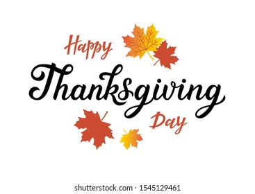  Hand drawn lettering typography poster set. Happy Thanksgiving day holiday quote for postcard, icon, logo, badge. Vector text with maple leaves on white background.