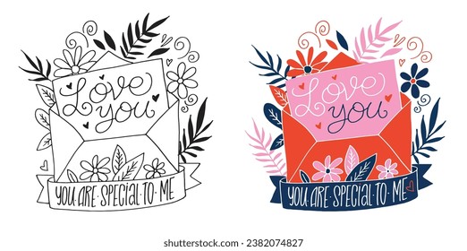 Hand drawn lettering typography poster about love. Celebration quote Valentines Day, love you.