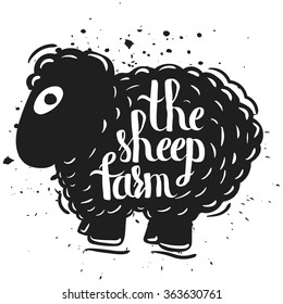 Hand drawn lettering typography poster the silhouette of a sheep isolated on a white background. Rural life. Farm sheep. Vector illustration