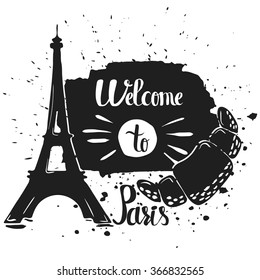 Hand drawn lettering typography poster. Welcome to Paris, a travel quote. Isolated silhouette of the tower and croissant on a white background. Vector illustration