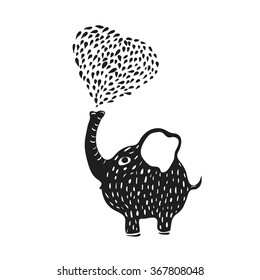 Hand drawn lettering typography poster. Isolated silhouette of an elephant blowing heart through the trunk on a white background. Vector illustration