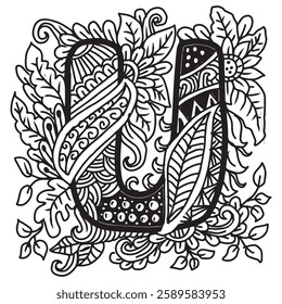 Hand drawn lettering U in ethnic style. Black and white vector illustration for coloring book.