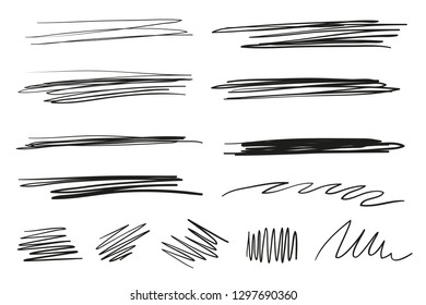 Hand drawn lettering underlines on white. Abstract backgrounds with array of lines. Stroke chaotic patterns. Black and white illustration. Elements for posters and flyers