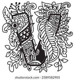 Hand drawn lettering V in ethnic style. Black and white vector illustration for coloring book.