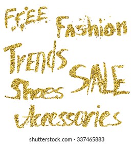 Hand drawn lettering. Vector illustration. Free, fashion, trends, sale, shoes,accesories. Set of isolated hand drawn words. May be used in webdesign. 