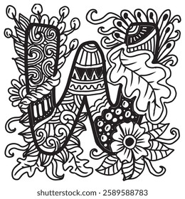  Hand drawn lettering W in ethnic style. Black and white vector illustration for coloring book.