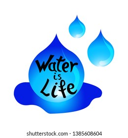 Hand drawn lettering of Water is life. Composition with blue drops on white background. Vector illustration.