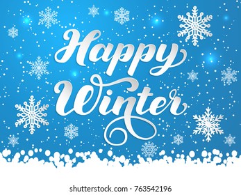 Hand drawn lettering - Winter Party. Elegant handwritten calligraphy for winter holidays. Volumetric letters with shadow and snowflakes. For cards, invitations, prints etc.