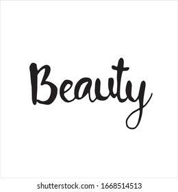 Hand drawn lettering of word Beauty isolated on white background. Simplevector calligraphy in cartoon style. Element for decoration greeting post cards, posters, advertisement, design, wallpaper