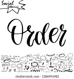 Hand drawn lettering word with set of social media elements. Vector illustration.