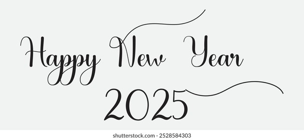 Texto de escritura de letras dibujado a mano Feliz Año Nuevo 2025. Ilustración vectorial.