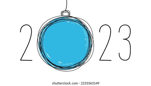 Hand drawn lettering with year 2023 and blue ink Christmas ball