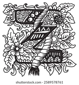 Hand drawn lettering Z in ethnic style. Black and white vector illustration for coloring book.