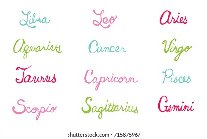 Hand drawn lettering Zodiac words.