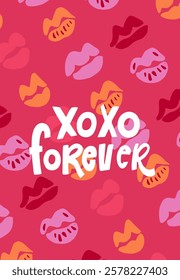 Hand drawn lettering.l Valentine s Day design Xoxo Forever playful lip patterns and loving text celebrating affection and friendship. Quote isolated on white background. Letters in cutout style