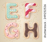 Hand drawn letters of the alphabet E through H in the shape of delicious and colorful cookies