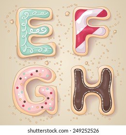 Hand drawn letters of the alphabet E through H in the shape of delicious and colorful cookies