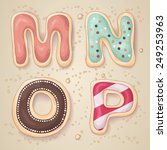 Hand drawn letters of the alphabet M through P in the shape of delicious and colorful cookies 