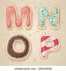 Hand drawn letters of the alphabet M through P in the shape of delicious and colorful cookies 