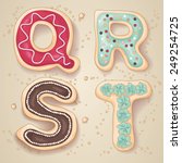 Hand drawn letters of the alphabet Q through T in the shape of delicious and colorful cookies 
