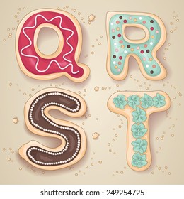 Hand drawn letters of the alphabet Q through T in the shape of delicious and colorful cookies 