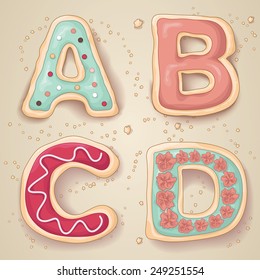 Hand drawn letters of the alphabet A through D in the shape of delicious and colorful cookies 